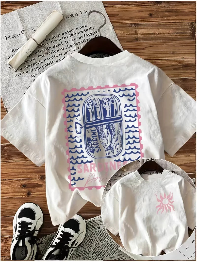 Women's Vintage Nautical Sardine Print T-Shirt, Double-Sided Graphic Casual Round Neck Short Sleeve Top for Spring Summer Fall