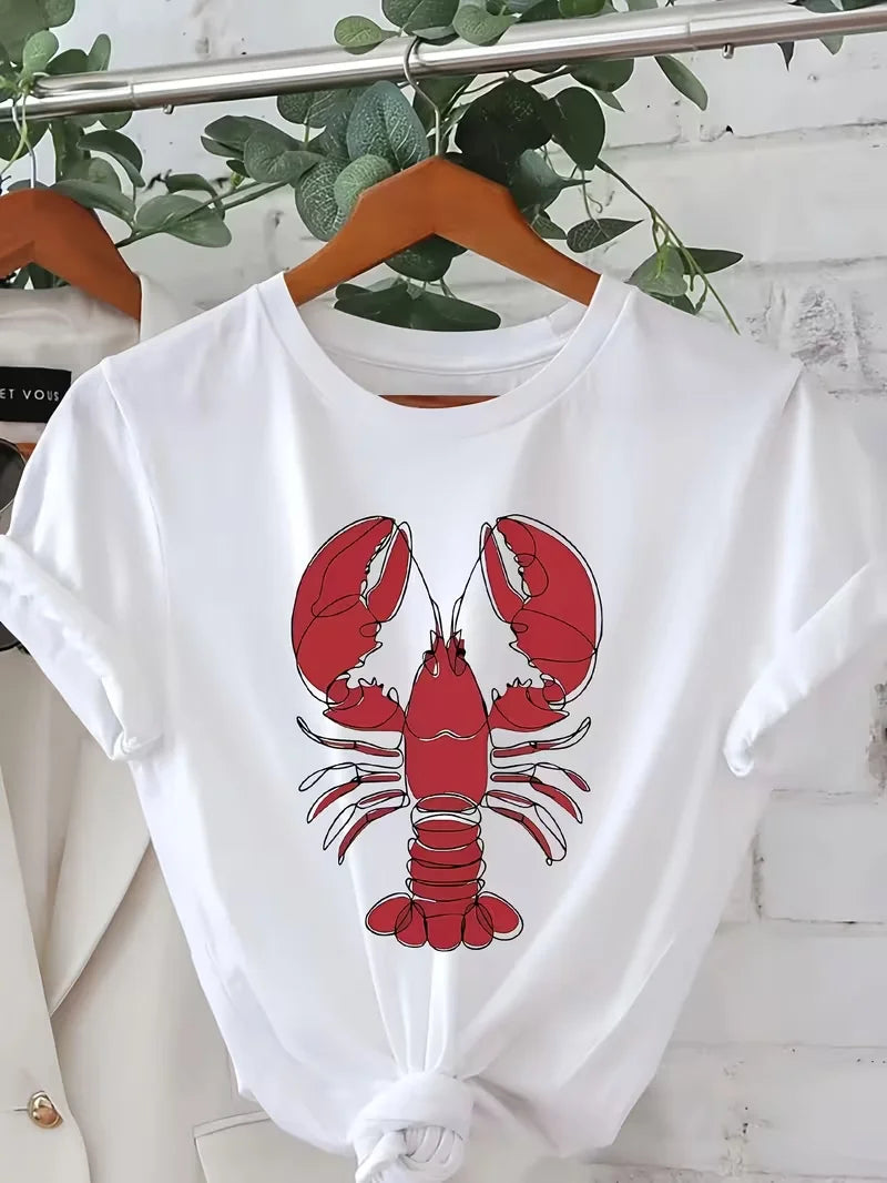 Coastal Maine Lobster Print T-shirt Nautical Beach Graphic Short Sleeve Tops Women Casual Loose Streetwear Daily Wear Tee
