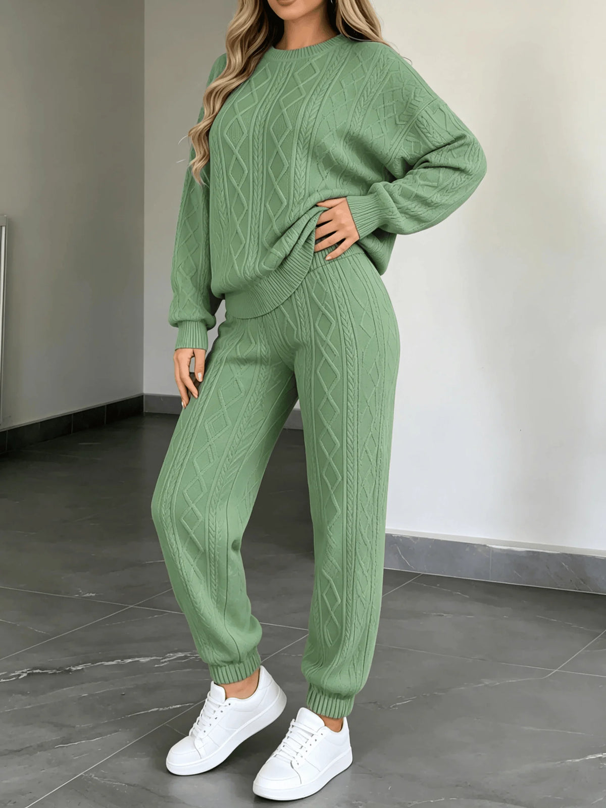 Women Cable Knit 2‑Piece Outfit O‑Neck Long Sleeve Sweater Tops Jogger Pants Set Loose Casual Loungewear Knitted Tracksuit For Daily Wear