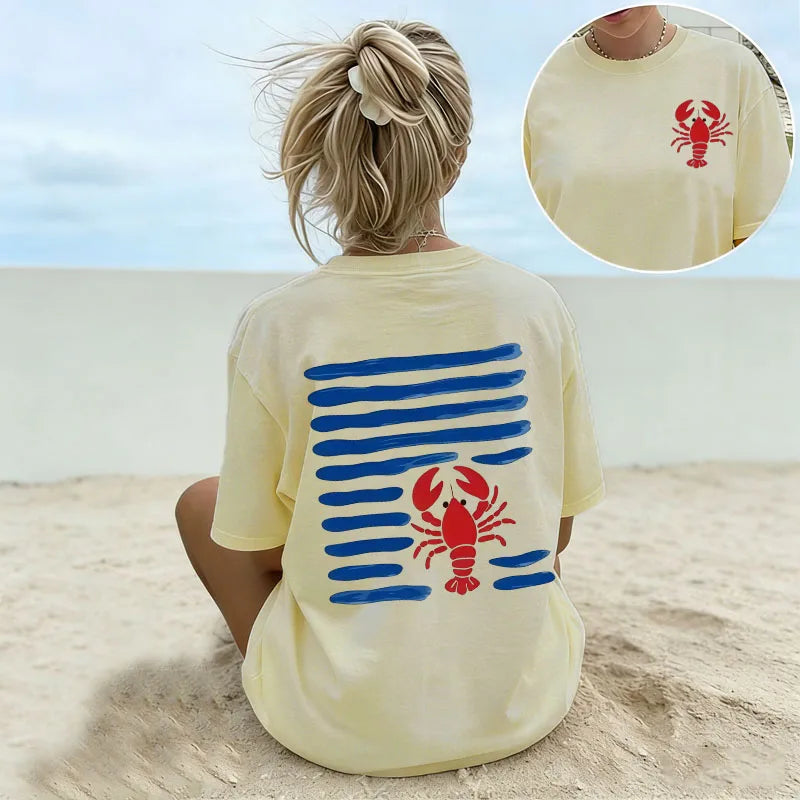 Women's White Oversized T-Shirt Red Lobster & Blue Stripes Print Casual Short Sleeve Tee Summer Beach Nautical Crew Neck Top