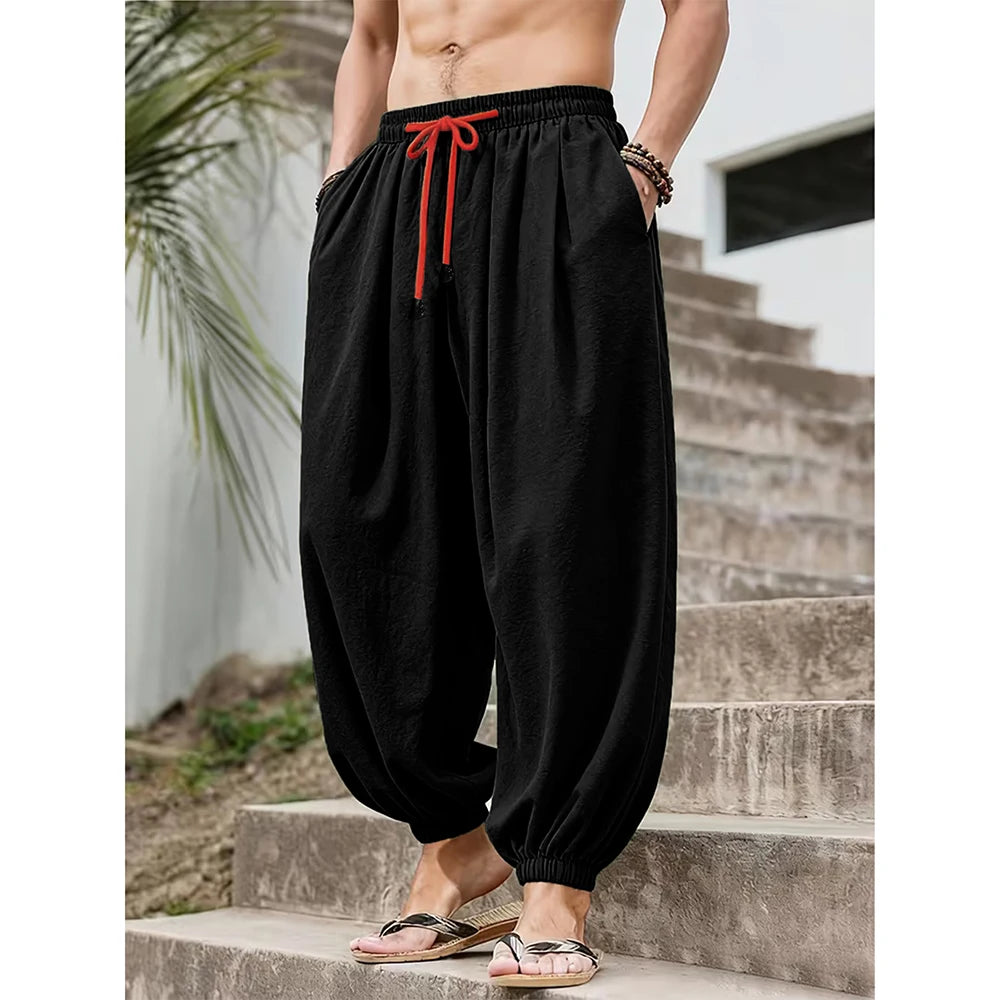 Men's Cotton Linen Wide Leg Pants Casual Loose Fit Solid Color Breathable Lightweight Elastic Waist Male Baggy Long Pants