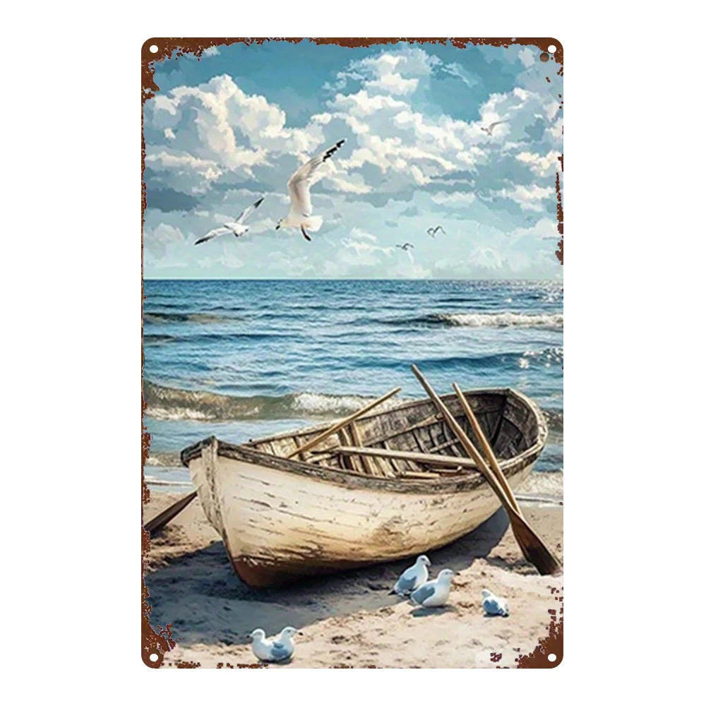 Nautical Beach Boat Metal Tin Sign 20x30cm Coastal Wall Decor Iron Plaque Living Room Beach House