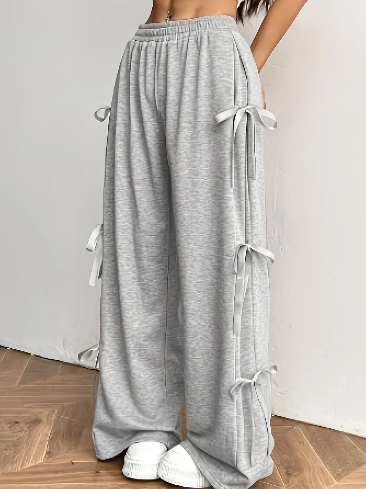 Plus size women's sweet and cool style grey wide-leg pants; bow tie design; loose casual long pants