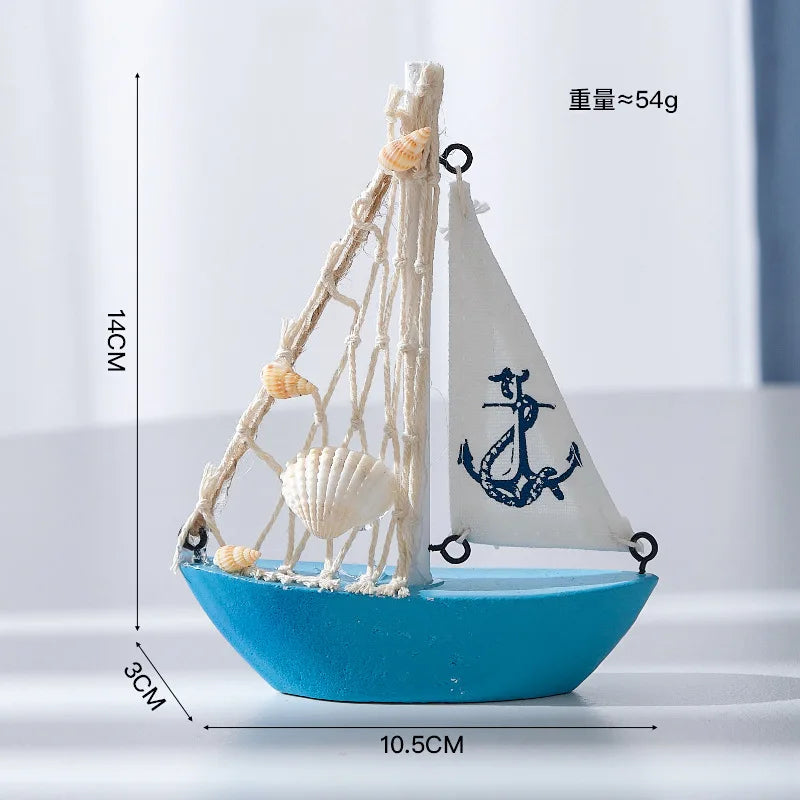 14cm/5.5inch Mini Sailboat Model Decoration Wooden Miniature Sailing Boat Home Decor Beach Nautical Design, Navy Blue and White
