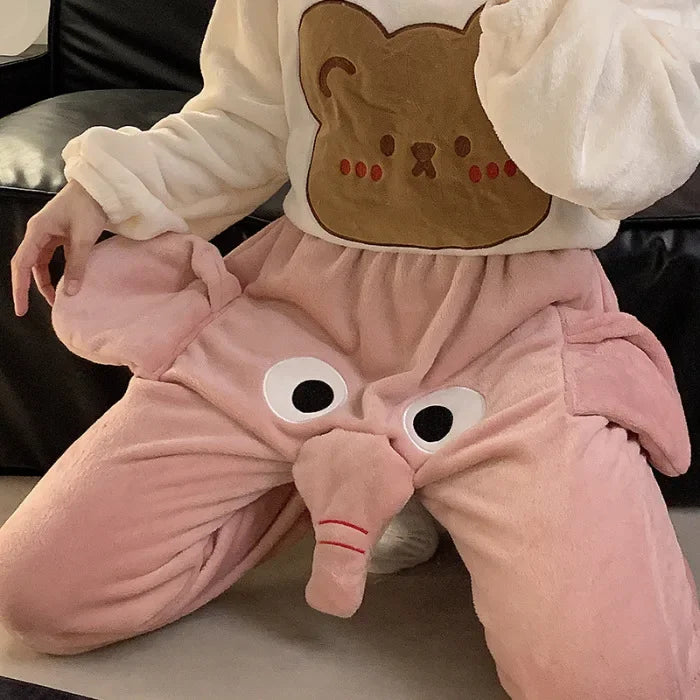 Men's Fall and Winter Padded and Thickened Loose Casual Pants Warm Home Sleep Pants Cute Funny Elephant Couple Pants Swan Man
