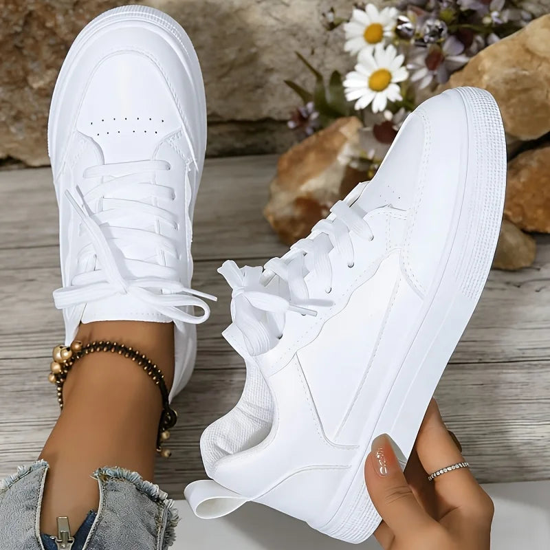 Women White Platform Sneakers 2026 New Fashion Lace Up Skate Shoes Ladies Light Soft Leather Casual Walking Shoes Non Slip Flat Sole All Match Daily Outdoor Comfy Versatile White Trainer Footwear Trendy Minimalist Basic White