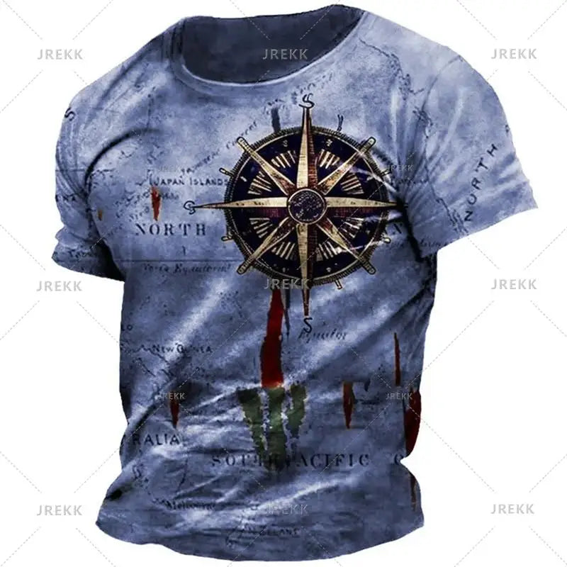 Vintage Nautical Map Compass Printing T Shirts Summer Daily Men Loose Short Sleeve Male Tees Casual Tops Unisex Clothing Apparel