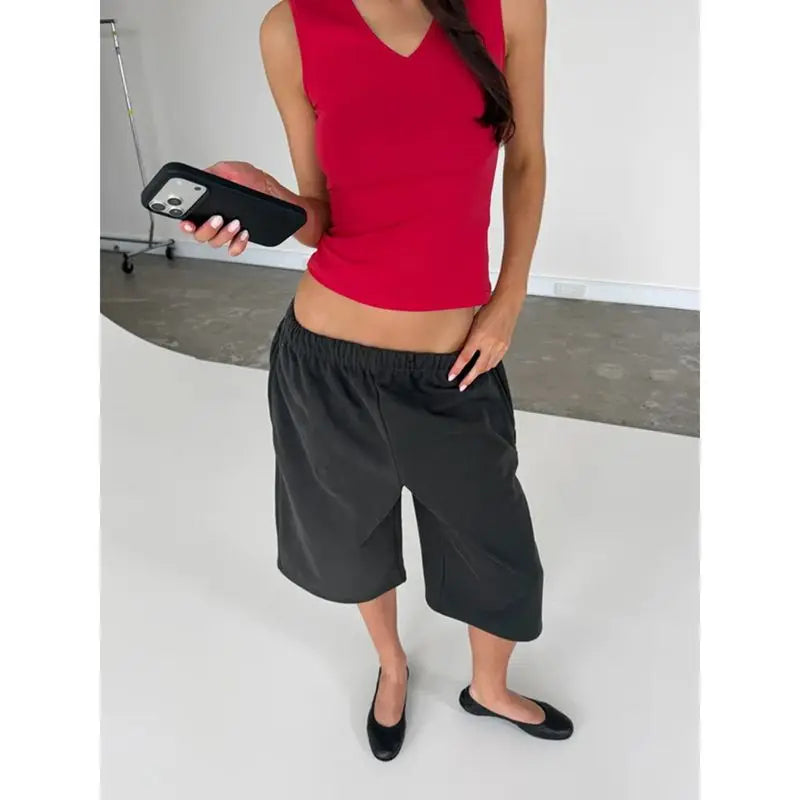 Combhasaki Summer Women's Capri Sweatpants Elastic Low Waist Straight Leg Cropped Pants Y2k Vintage Track Shorts Solid Bottoms