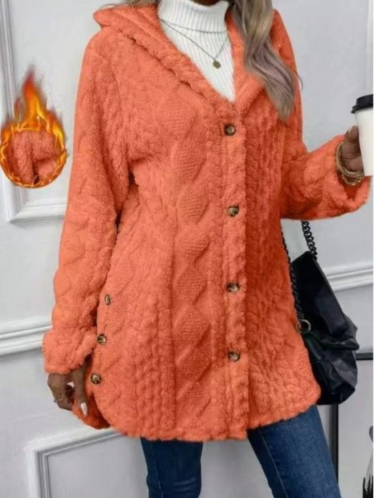 Women Winter Fleece Cable Knit Hooded Cardigan Coat Casual Long Sleeve Button Down Warm Sherpa Plush Outerwear Tops