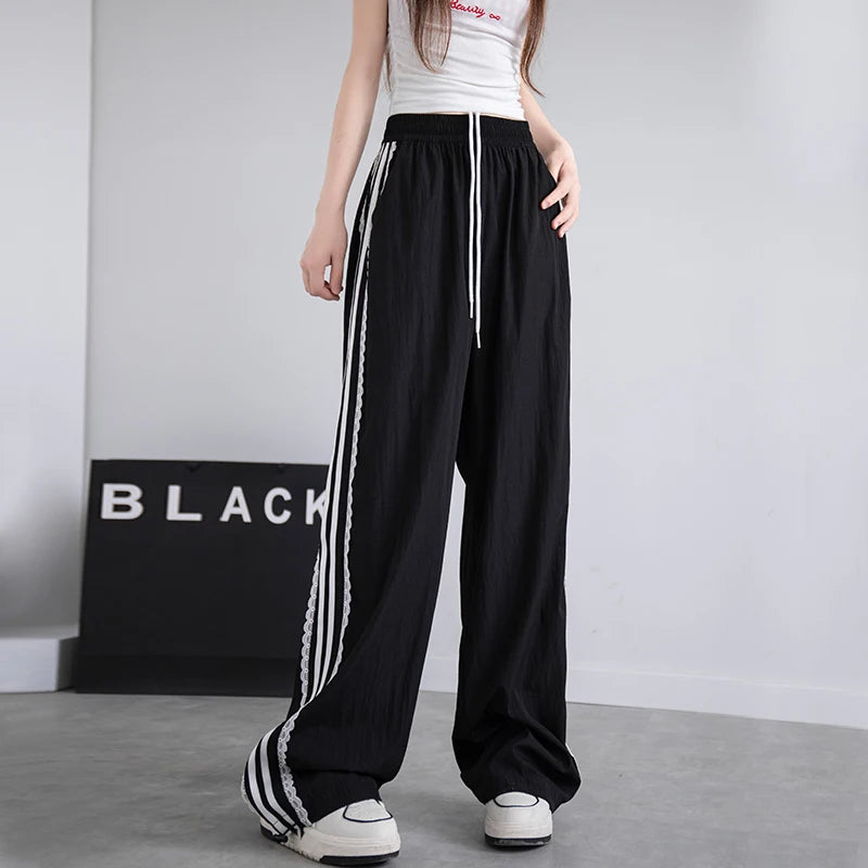 Korean Lace Patchwork Women's Trousers, Side Stripe Webbing Wide-Leg Pants, Casual Baggy Sweatpants, Women's Pants Trend 2026