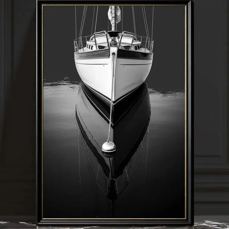 Black White Sailing Boat Canvas Wall Art Nautical Ocean Yacht Poster Set Coastal Style Living Room Bedroom Home Wall Decor