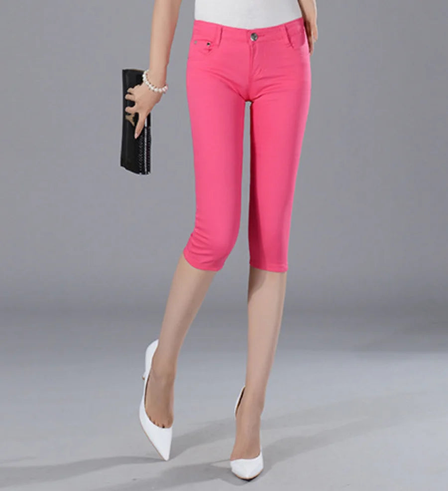 Women Color Capris Pants Stretchy Comfy Skinny Cropped Jeans Pants Button Front Casual Breathable