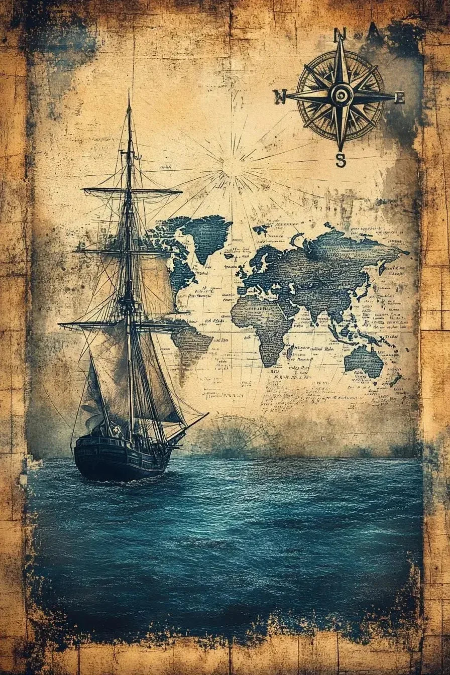 (2D canvas painting)Vintage Nautical Poster Prints Antique Sea Treasure Map Canvas Painting Wall Art Picture for Living Room
