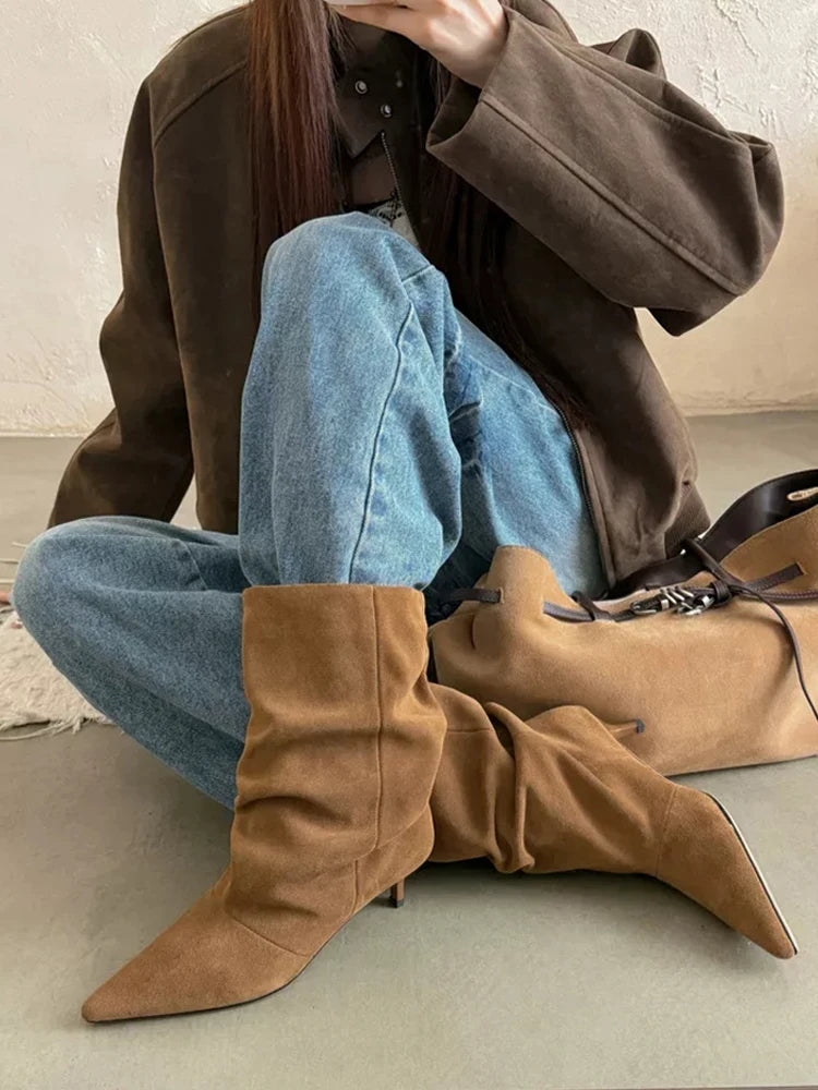 ZAROY Brand Designer Women Boots Fall Winter Warm Faux Suede Short Botas Point Toe Ruched Kitten Heel Modern Ankle Boots ботинки