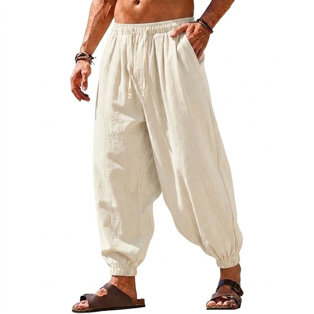 Mens Linen Harem Trousers Baggy Jogger Pants Lightweight Casual Bottoms Breathable Loose Trousers for Hiking Gym and Daily Work