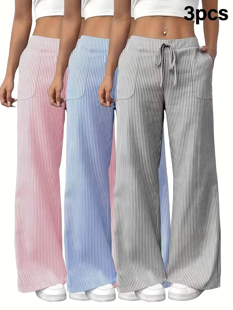 Three‑Piece Set of Women's Striped Wide‑Leg Athletic Pants ‑ High‑waisted Elastic Drawstring Waistband, Lightweight and Soft Sports Trousers, Suitable for Exercise, Running, Fitness and Home Leisure, With Pockets,