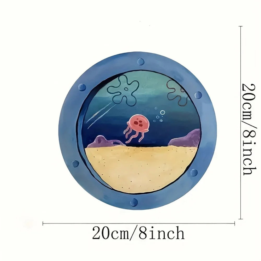 Cartoon Jellyfish Underwater Round Metal Tin Sign, High Definition Iron Painting, Nautical Themed Window View Wall Decor, Waterp