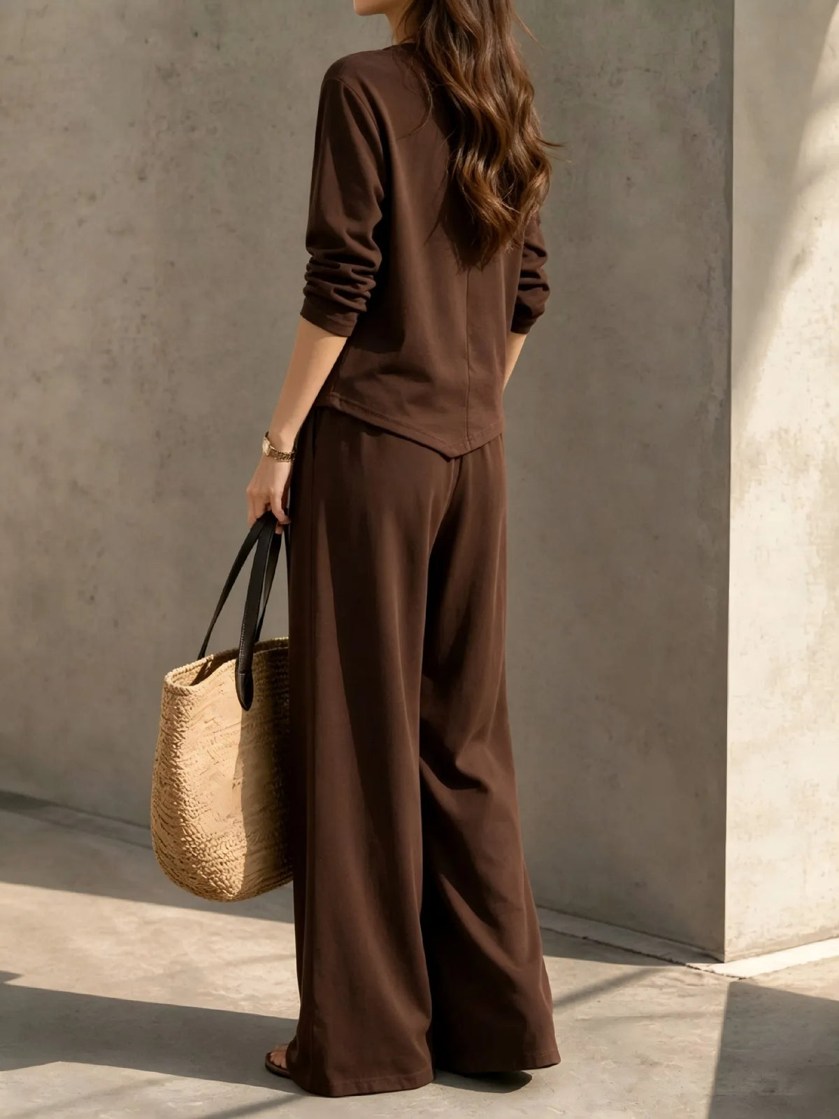 Women 2 Piece Outfit Set, Long Sleeve Irregular Hem Crewneck Top & Elastic Waist Wide Leg Pants, Casual Loose Matching Loungewear For Daily Travel