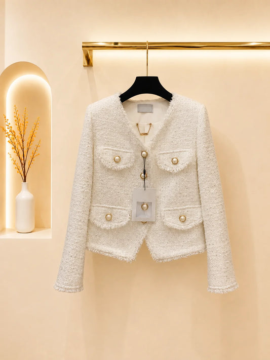 2026 Women Tweed Jacket V Neck Long Sleeve Short Cut Sequins Inlaid Metal Chain Inside Pearl Buttons Flap Pockets Outerwear