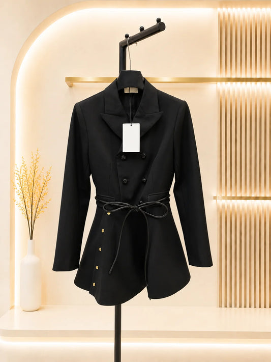 2026 Women Blazer Jacket Notched Lapel Double Breasted Tie Belt Asymmetrical Fishtail Hem Metal Buttons