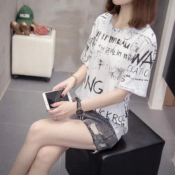 Women's Short Sleeve T-Shirt, Casual, Loose, Printing, Cotton Tops, Large Size, Leisure Tees, Summer, L, 4XL