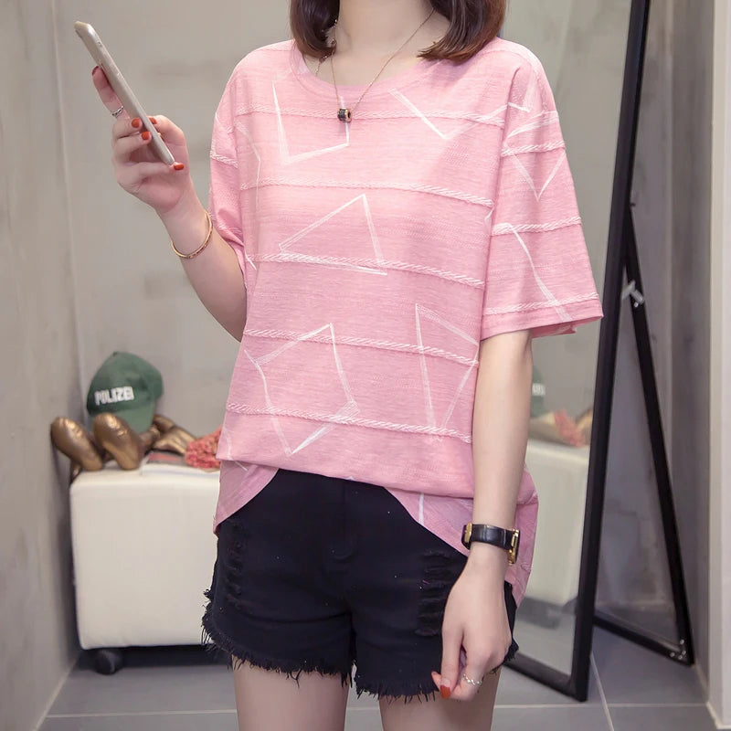 Women's Short Sleeve T-Shirt, Casual, Loose, Printing, Cotton Tops, Large Size, Leisure Tees, Summer, L, 4XL