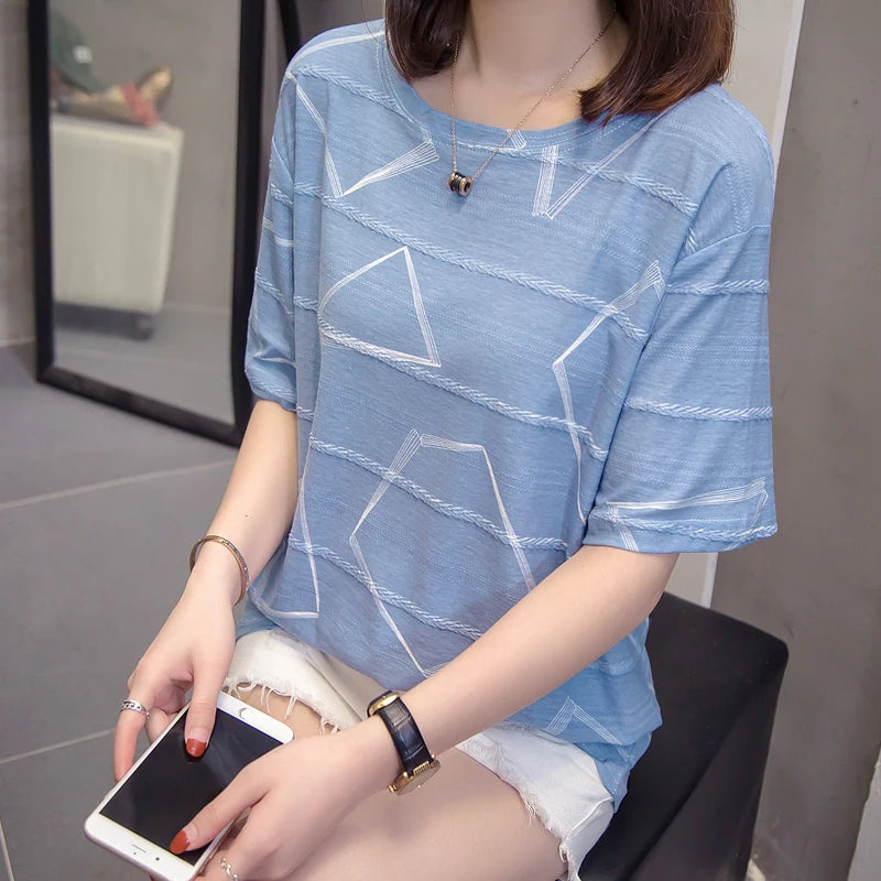 Women's Short Sleeve T-Shirt, Casual, Loose, Printing, Cotton Tops, Large Size, Leisure Tees, Summer, L, 4XL
