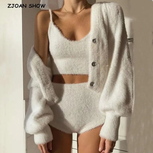 Vintage Set Shaggy Korea Style White Cardigan Furry Single-breasted Button Tank Top Knitted Sweater Jumper 1 Set
