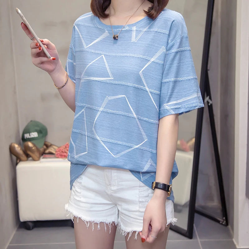 Women's Short Sleeve T-Shirt, Casual, Loose, Printing, Cotton Tops, Large Size, Leisure Tees, Summer, L, 4XL