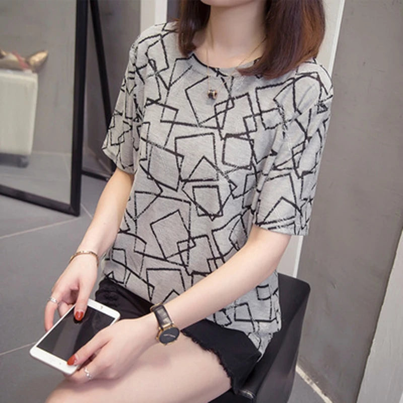 Women's Short Sleeve T-Shirt, Casual, Loose, Printing, Cotton Tops, Large Size, Leisure Tees, Summer, L, 4XL