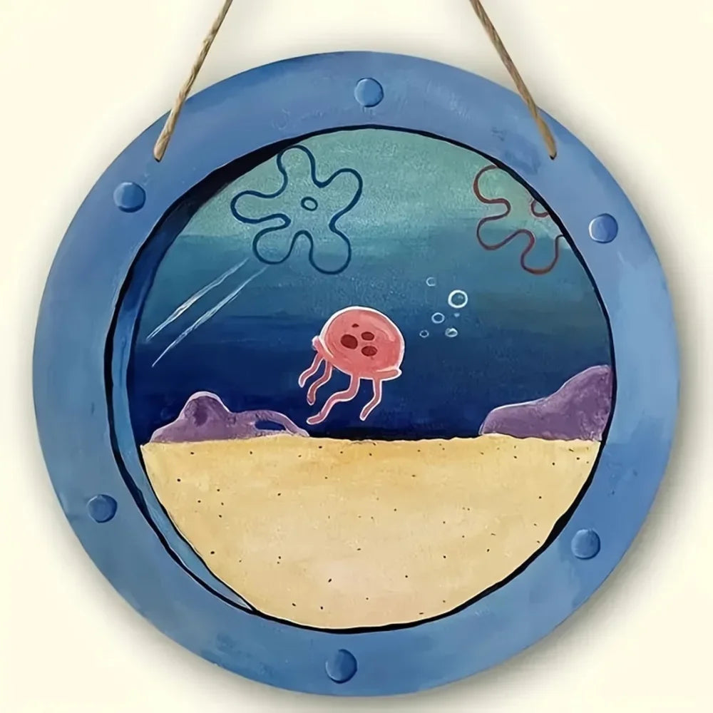 Cartoon Jellyfish Underwater Round Metal Tin Sign, High Definition Iron Painting, Nautical Themed Window View Wall Decor, Waterp