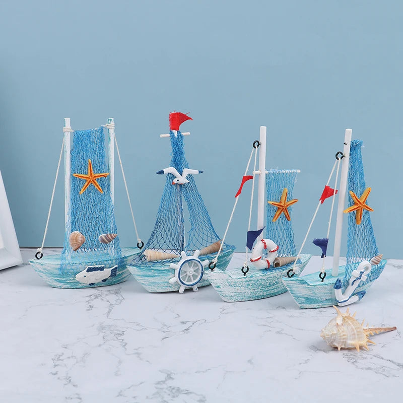 1PC 15CM Ornaments Party Home Decoration New Mediterranean Style Marine Nautical Wooden Blue Sailing Boat Ship Wood Crafts
