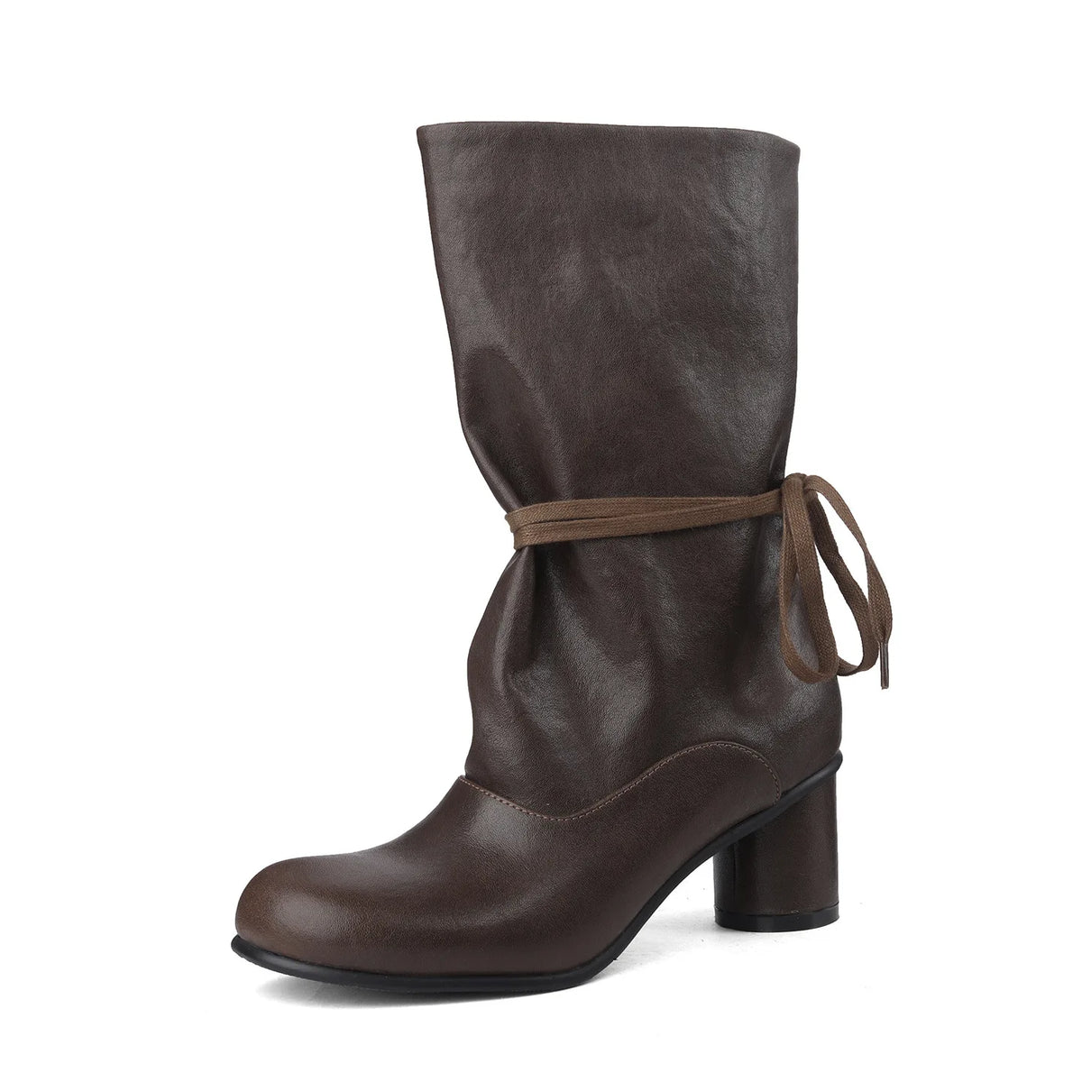 Arden Furtado Autumn cowhide Ankle strap Modern boots Round toe slip-on Chunky heels Mid-Calf boots Large size Women's Boots