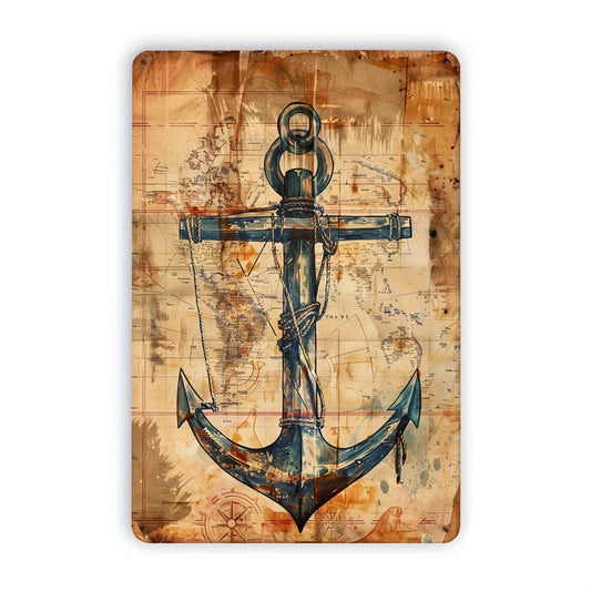 Tin Sign - Vintage Nautical Anchor and Map Durable Metal Plaque Wall Decor, Home Office Bar Man Cave Wall Art