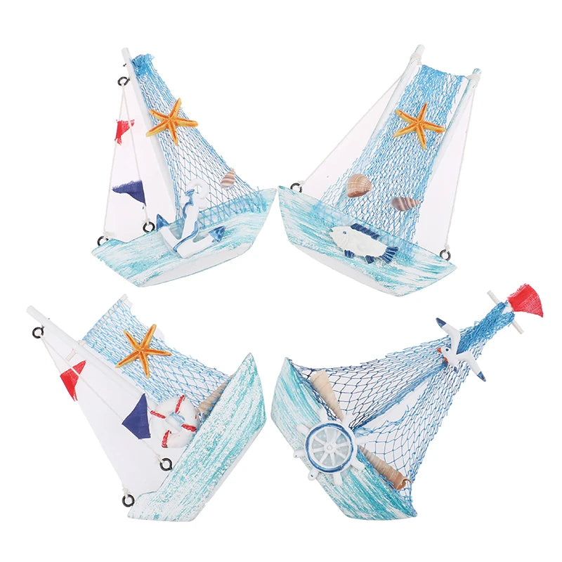 1PC 15CM Ornaments Party Home Decoration New Mediterranean Style Marine Nautical Wooden Blue Sailing Boat Ship Wood Crafts