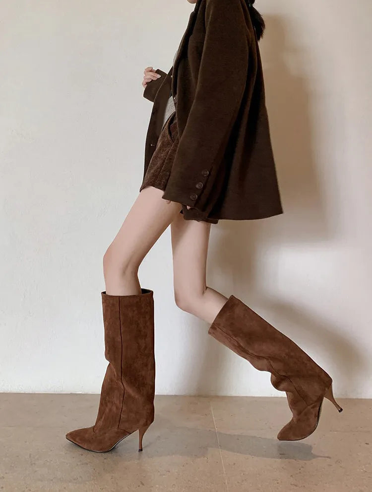 ZAROY Knee High Women Boots Winter Warm Snow Boots Sexy Thin High Heel Point Toe Suede Long Boots Brand Designer Banquet Booties