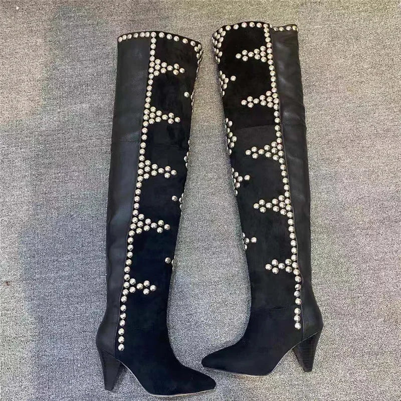 Rivets Studed Women Over The Knee High Boots Long Boots Flock Leather Patchwork High Heel Pointed Toe Runway Bota Black Beige
