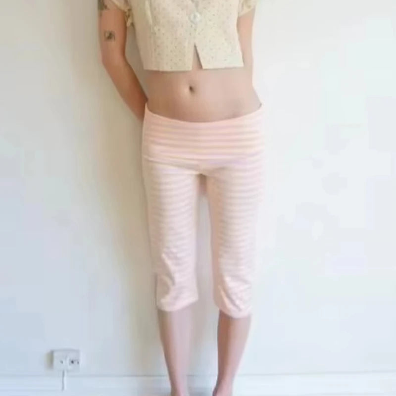 Summer Women Personality Retro Trim Capri Pants Low Rise Fold Y2K Striped Leggings Fitted Lounge Yoga Athletic Slim Pants