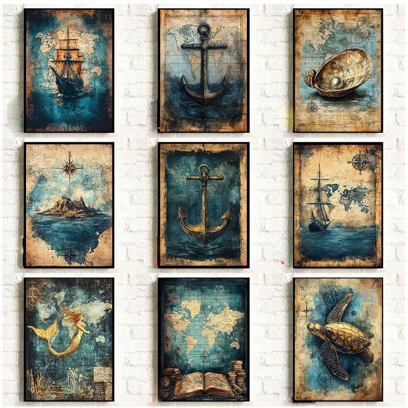 （2D canvas painting）Vintage Nautical Poster Prints Antique Sea Treasure Map Canvas Painting Wall Art Picture for Living Room