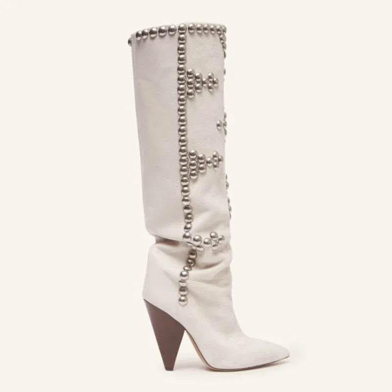 Rivets Studed Women Over The Knee High Boots Long Boots Flock Leather Patchwork High Heel Pointed Toe Runway Bota Black Beige