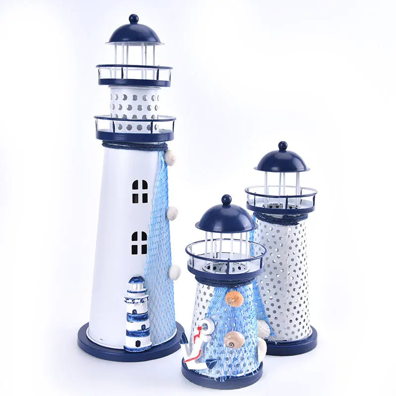 Nautical Ocean Flash Lighthouse Fishing Net Starfish Shell Metal Beacon Tower Ornaments Figurines Crafts Home Decor