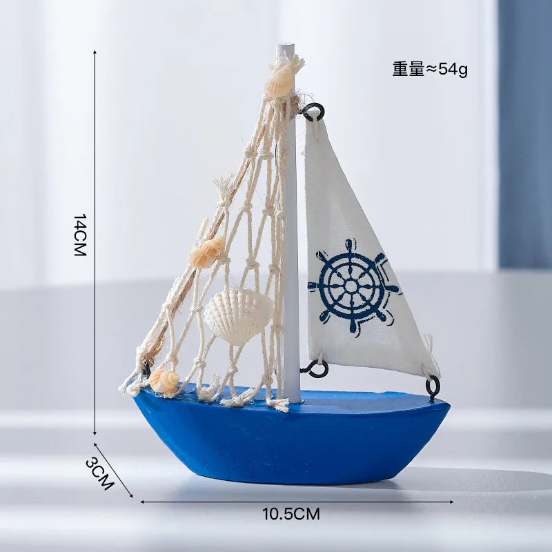 14cm/5.5inch Mini Sailboat Model Decoration Wooden Miniature Sailing Boat Home Decor Beach Nautical Design, Navy Blue and White