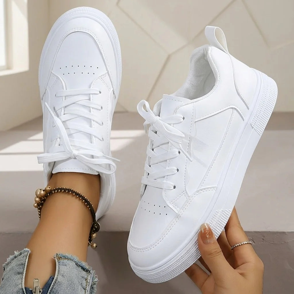 Women White Platform Sneakers 2026 New Fashion Lace Up Skate Shoes Ladies Light Soft Leather Casual Walking Shoes Non Slip Flat Sole All Match Daily Outdoor Comfy Versatile White Trainer Footwear Trendy Minimalist Basic White