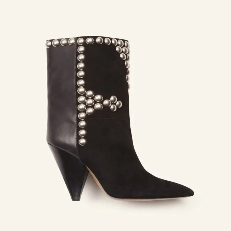 Rivets Studed Women Over The Knee High Boots Long Boots Flock Leather Patchwork High Heel Pointed Toe Runway Bota Black Beige