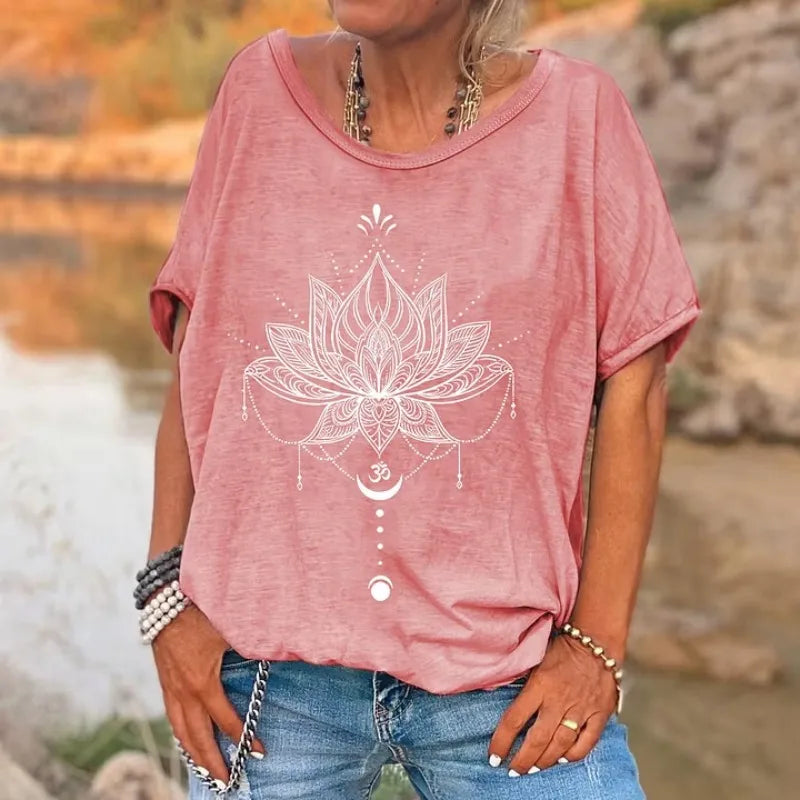 ilstile Women's Vintage Hippie Flower Print T-Shirts Summer Short Sleeve Casual Loose V Neck Tops Black Pink Tees New Arrival