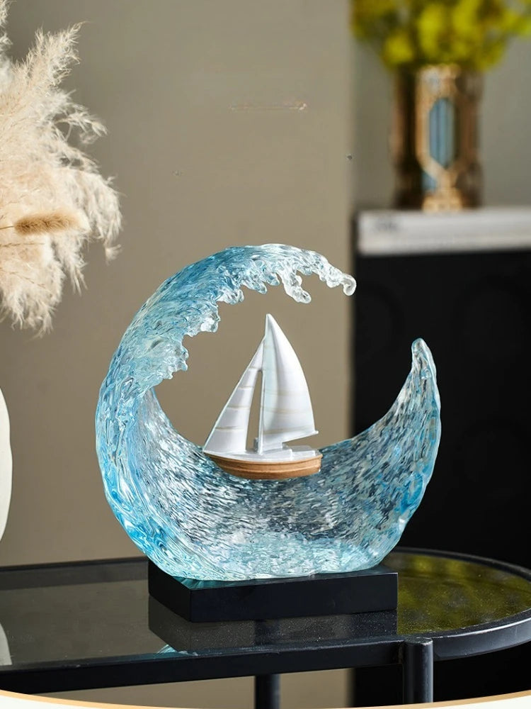 Transparent Resin Ocean Wave Sailboat Sculpture Desktop Ornament Sailing Nautical Model Figurine Living Room Office Home Decor