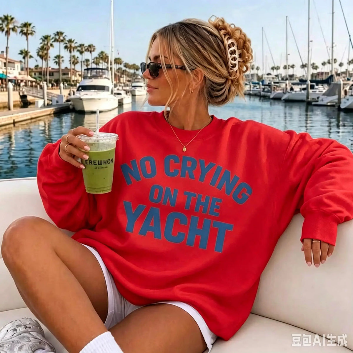 Oversized Crewneck Sweatshirt, Retro Millennium‑Style "No Crying On The Yacht" Lake Life Graphic Print Pullover, Cute Long‑Sleeve Tops For Summer Fall Women Daily Wear