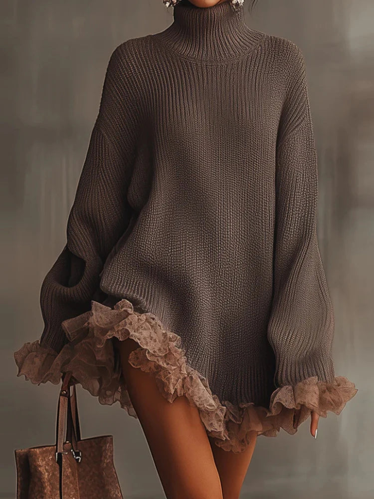 Long Sleeve Lace Patchwork Long Sweaters Women Fall Turtleneck Knit Elegant Pullovers New Casual Solid Lady Mini Dress Sweater