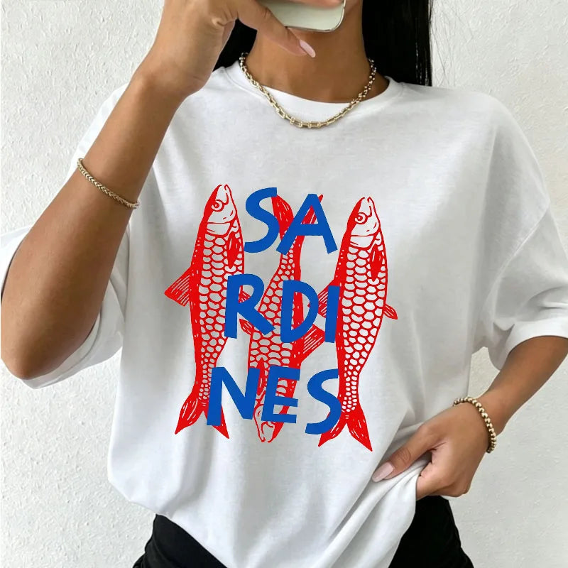 Women's White Oversized T-Shirt Red Lobster & Blue Stripes Print Casual Short Sleeve Tee Summer Beach Nautical Crew Neck Top