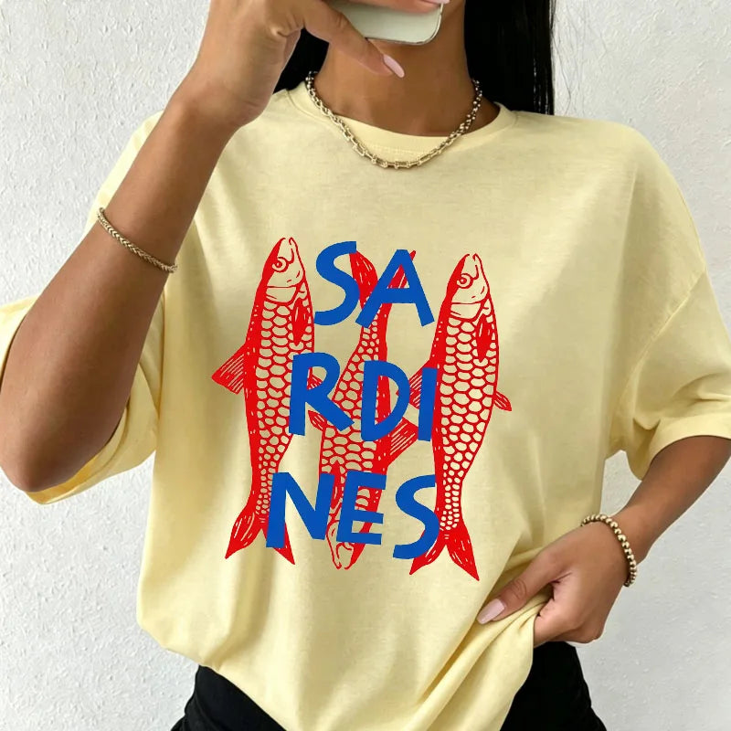 Women's White Oversized T-Shirt Red Lobster & Blue Stripes Print Casual Short Sleeve Tee Summer Beach Nautical Crew Neck Top